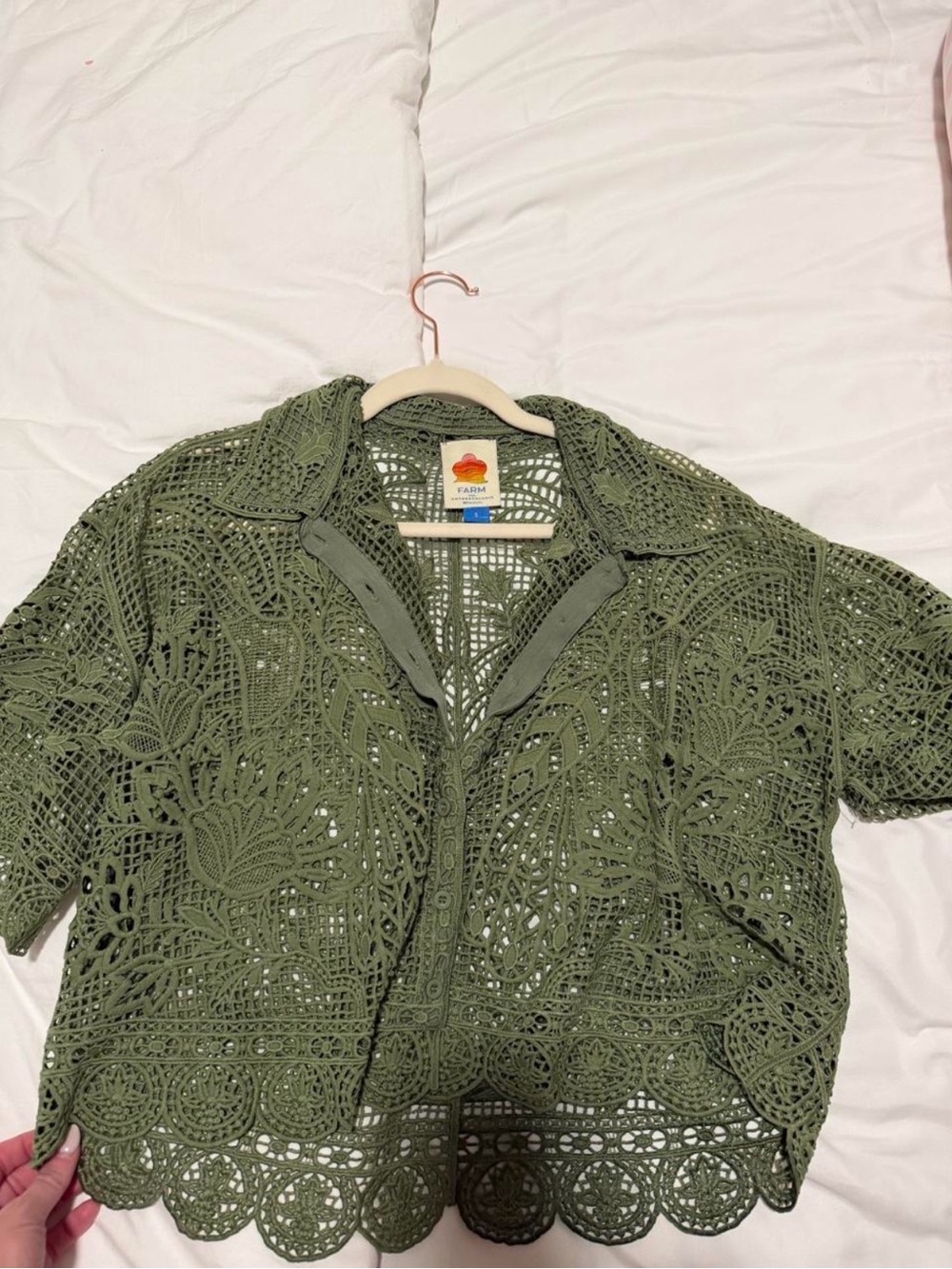 FARM Rio Olive Green Crochet Button-Front Blouse - Picture 3 of 4